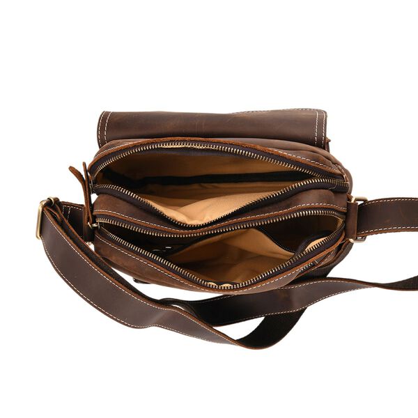 Echtleder-Crossbody-Tasche mit Überschlag und Mehrfachfächern, 25x8x18 cm, Dunkelbraun image number 5