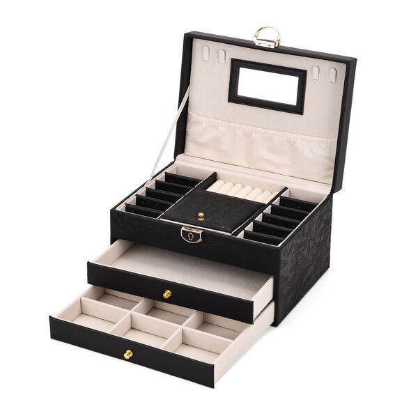 3-lagige PU Schmuckk&auml;stchen mit gepr&auml;gtem Blumenmuster, 22x17x13 cm, Schwarz image number 8