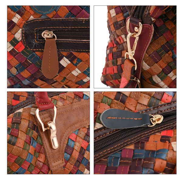 CHAOS BY ELSIE - Gewobene Umhängetasche aus echtem Leder, 30x16x24 cm, Karomuster, rot image number 5