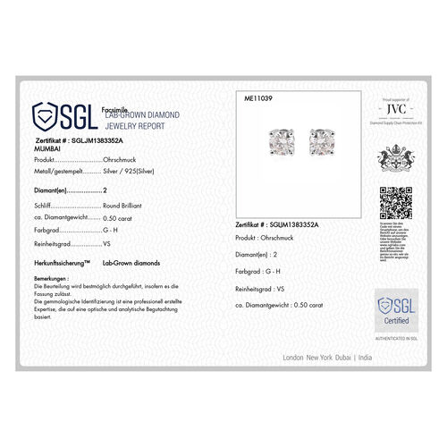 LUXURIANT DIAMOND- SGL zertifizierte VS-GH Labor Diamant Ohrringe, 925 Silber rhodiniert - 0,50 ct. image number 9