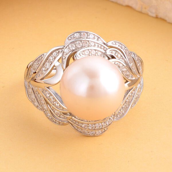 Wei&szlig;e Edison Perle und wei&szlig;er Zirkon-Ring - 0,84 ct. image number 1