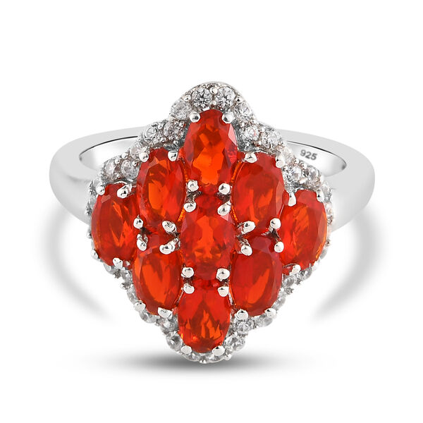 Mexikanischer Kirschfeuer-Opal und wei&szlig;er Zirkon-Ring, 925 Silber platiniert  ca. 1,80 ct