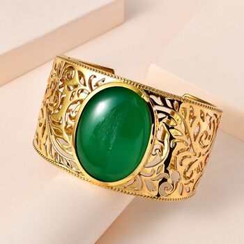 Gr&uuml;ner Onyx Armreif ca. 19 cm Reines Messing vergoldet ca. 65,14 ct.