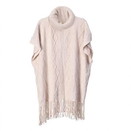 LA MAREY - Poncho mit hohem Kragen und Quaste, Größe:(passend für S-XL): 70x65+15 cm, Beige