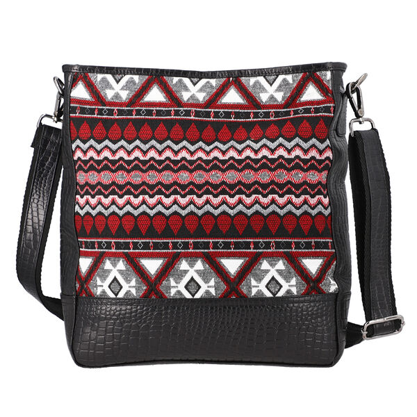 Crossbody Bag aus echtem Leder und Jacquard mit Krokopr&auml;gung, schwarz