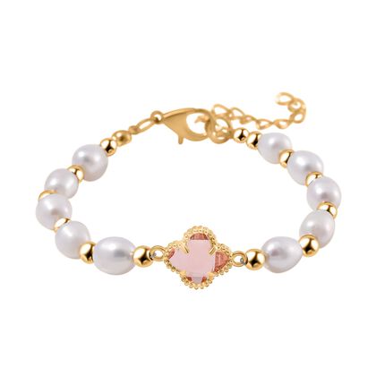 Glas, Wei&szlig;e S&uuml;&szlig;wasser Perle Armband BR-Stretch Standard gelb vergoldet