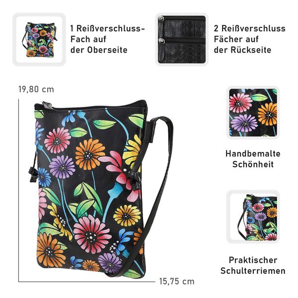 VIVID by SUKRITI Handbemalte Echtleder Umh&auml;ngetasche, schwarz, Blumen image number 5