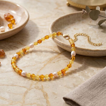 Wei&szlig;es S&uuml;&szlig;wasser Perle und Bernstein Armband, 19+5cm