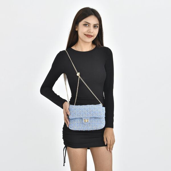 Umh&auml;ngetasche aus 100% echtem Leder mit Boucl&eacute;-Stoff, Blau image number 2