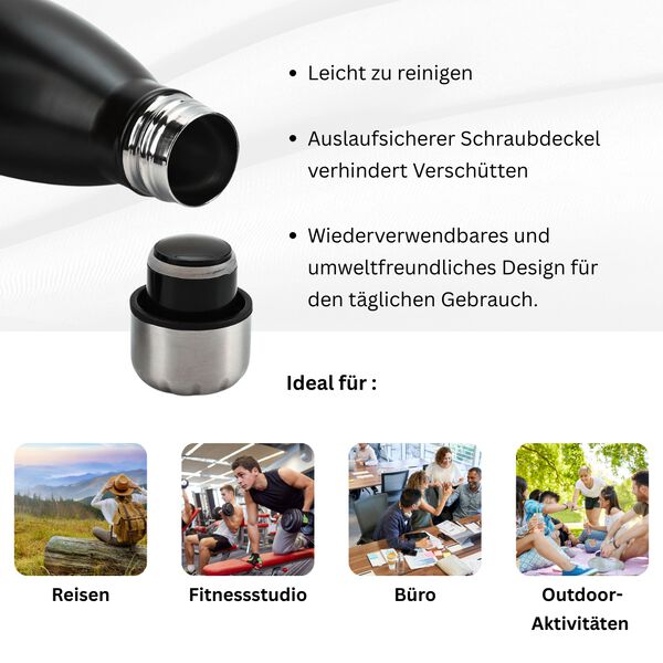 Doppelwandige Edelstahl-Trinkflasche, 500ml, Schwarz image number 2
