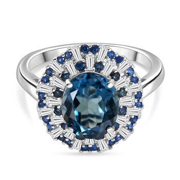 D'Joy London Blau Topas, Wei&szlig;er Zirkon Ring 925 Silber rhodiniert (Gr&ouml;&szlig;e 19.00) ca. 6,53 ct