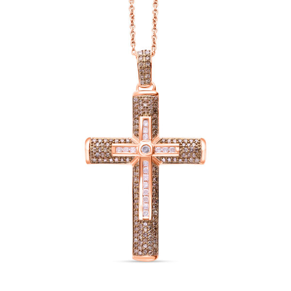 Wei&szlig;er Diamant Kreuz Anh&auml;nger mit Kette, 925 Silber Ros&eacute;gold Vermeil, ca. 1.00 ct