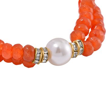 Wei&szlig;e Muschelkernperle, Roter Achat Armband ca. BR-Stretch cm Legierung Standard gelb vergoldet