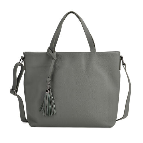 Echtleder-Tote-Bag mit Reißverschlussfach hinten, Doppeltragegriff und Schulterriemen, 35x10x33 cm, Khaki