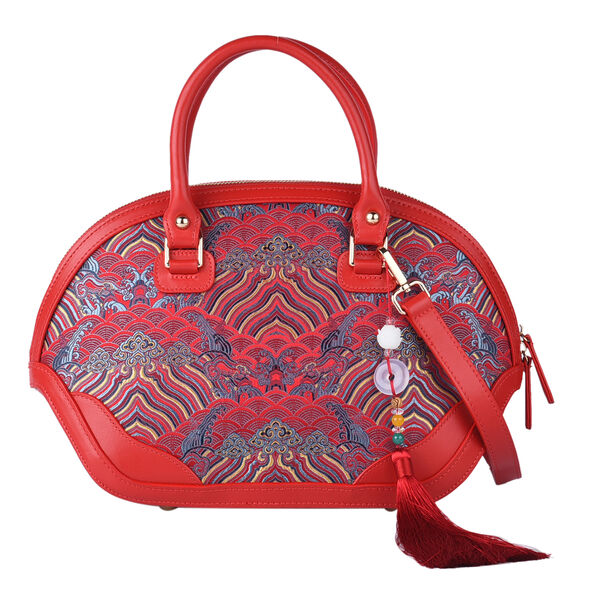 Seidenbrokat Tasche aus 100% Leder mit nat&uuml;rlicher Jade Quaste, Gr&ouml;&szlig;e 35x23x13 cm, Rot