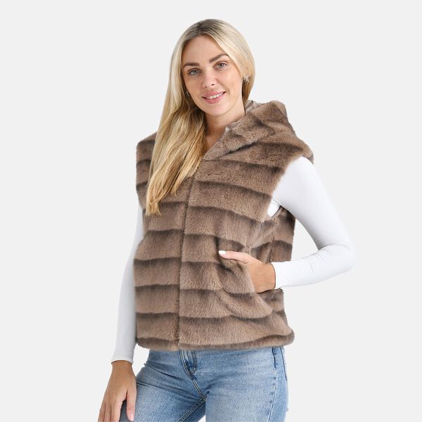 Weste mit Kapuze aus Webpelz, Einheitsgröße, Hellbraun image number 3