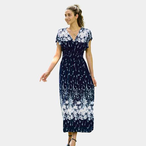 Gesmoktes Maxi-Kleid, Blumenmuster, Dunkelblau image number 1