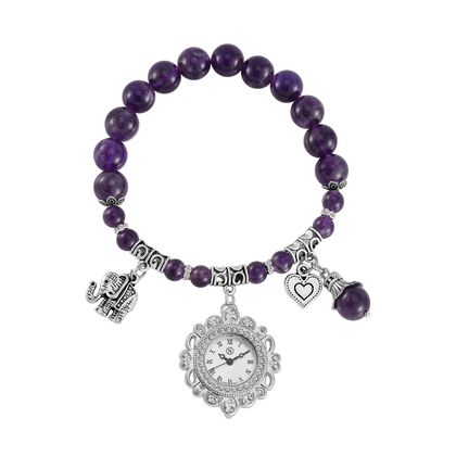 STRADA - Japanisches Uhrwerk, Afrikanischer Amethyst, Wei&szlig;er Kristall Flexible Uhr 18.5 cm Reiner Edelstahl ca. 25.30 ct