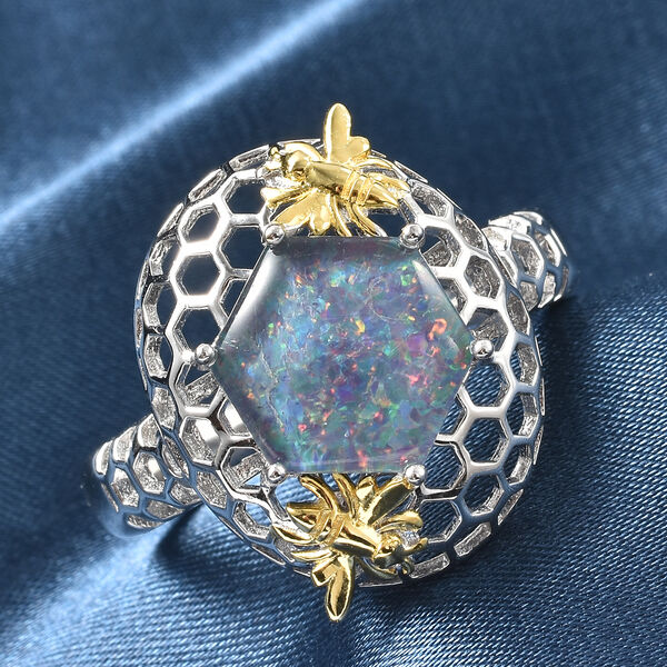 Boulder Opal Triplett Bienenstock Ring 925 Silber Bicolor  ca. 2,25 ct image number 3
