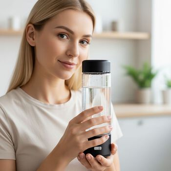 LIVMORE doppelwandige Wasserstoff Wasserflasche 300ml, SPE PEM, Borosilikatglas, USB Akku, Silber