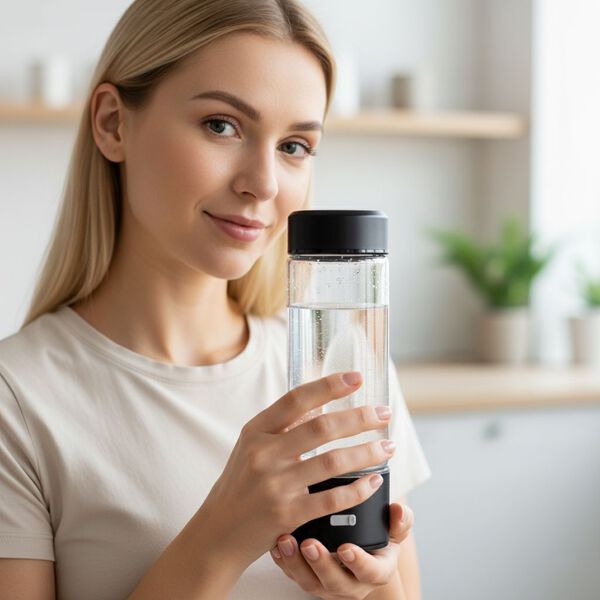 LIVMORE- doppelwandige Wasserstoff Wasserflasche 300 ml, SPE PEM, Borosilikatglas, USB Akku, Silber image number 2