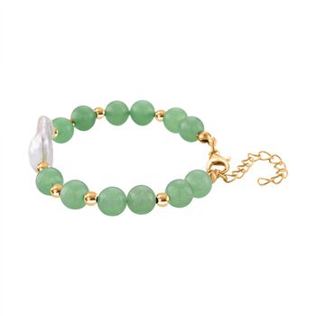 Gr&uuml;ner Aventurin, Wei&szlig;e Keshi Perle Armband, ca. 18cm mit 5cm extender, Reine Legierung goldfarben