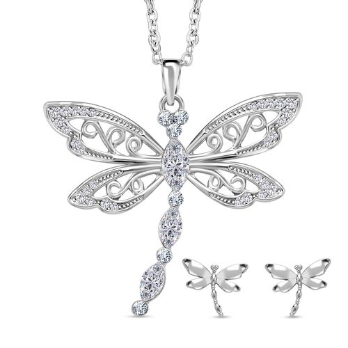 Libelle Kristall-Anhänger mit Kette und Ohrringe in Silberton - 3 ct. image number 0