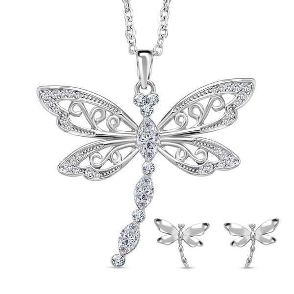 Libelle Kristall-Anhänger mit Kette und Ohrringe in Silberton - 3 ct. image number 0