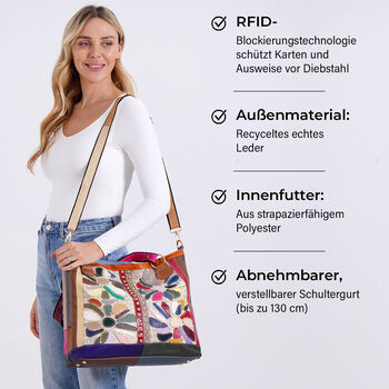 Chaos by Elsie Echtleder Crossbody Tasche mit RFID, Wei&szlig; mit Blumen, 2 Au&szlig;entaschen, 1 Innen-Rei&szlig;verschlusstasche, Mini-Flashlight