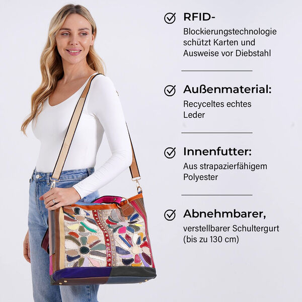 Chaos by Elsie Echtleder Crossbody Tasche mit RFID, Weiß mit Blumen, 2 Außentaschen, 1 Innen-Reißverschlusstasche, Mini-Flashlight image number 3