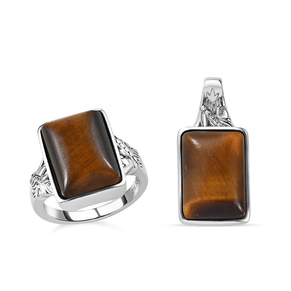 2er Set - Tigerauge Ring und Anh&auml;nger Schmuckset, Edelstahl ca. 17.25 ct image number 0