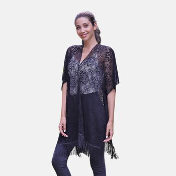 Kimono aus Spitze mit Quasten, Einheitsgr&ouml;&szlig;e Schwarz