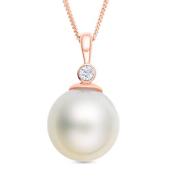 Wei&szlig;er S&uuml;dseeperlen und Zirkon-Anh&auml;nger mit Kette, (12-13 mm),925 Silber ros&eacute;vergoldet ca. 0,08 ct