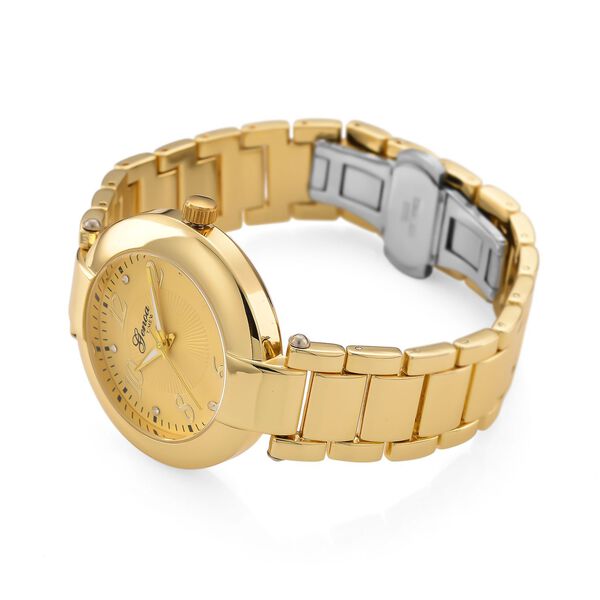 GENOA TIME V2 Uhr mit Japanischem Miyota 2035 Werk, Zifferblatt Goldfarben mit Prägemuster und Weißen Kristallen, Edelstahlarmband Goldfarben, 3 ATM wasserdicht image number 5