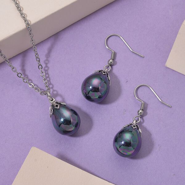 3er Set - Mehrfarbige Muschelperlen (16X12 mm) Anh&auml;nger mit Kette und Ohrringe, Nickelfreies Messing und 316L Edelstahl image number 2