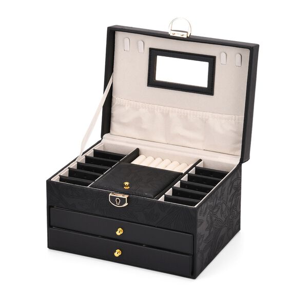 3-lagige PU Schmuckk&auml;stchen mit gepr&auml;gtem Blumenmuster, 22x17x13 cm, Schwarz image number 6