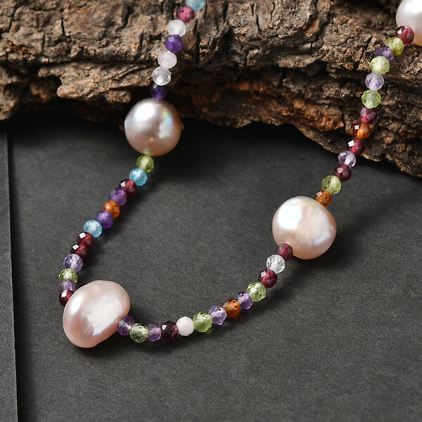 D'Joy Mehrfarbige S&uuml;&szlig;wasser Perle, Mehrfarbig Edelsteine Halskette ca. 60 cm 925 Silber Rhodiniert image number 1
