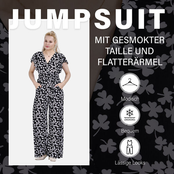 Jumpsuit mit gesmokter Taille und Flatterärmel, schwarz image number 2