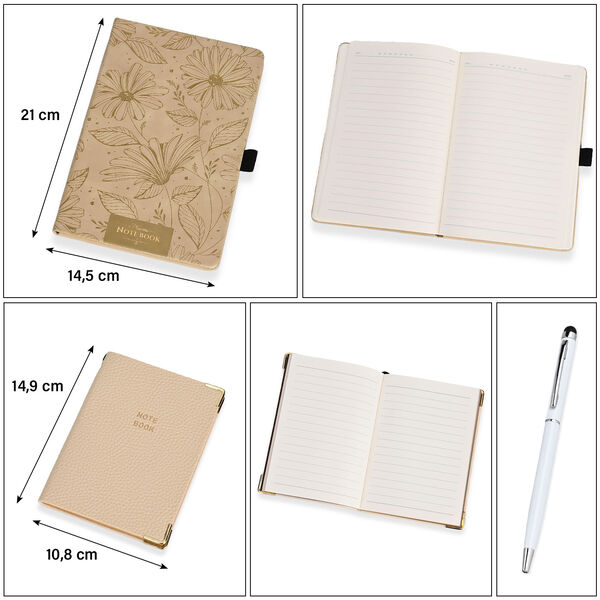 Premium Set; Notizbuch und Taschentagebuch mit geschnitztem, samtigem Hardcover und Kugelschreiber, Beige image number 5