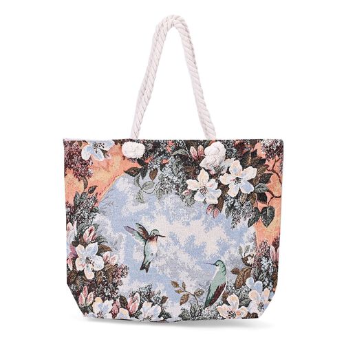 Gewebte Jute-Tasche mit weißen Blumen und Kolibri, mehrfarbig image number 0