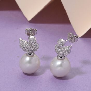 Wei&szlig;e Edison Perle (9-10mm), Moissanit Ohrringe 925 Silber rhodiniert