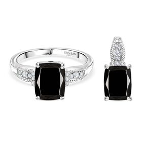 2er Set - D'Joy Elite Shungit Ring und Anhänger, 925 Silber platiniert (Größe 17.00) ca. 1.82 ct