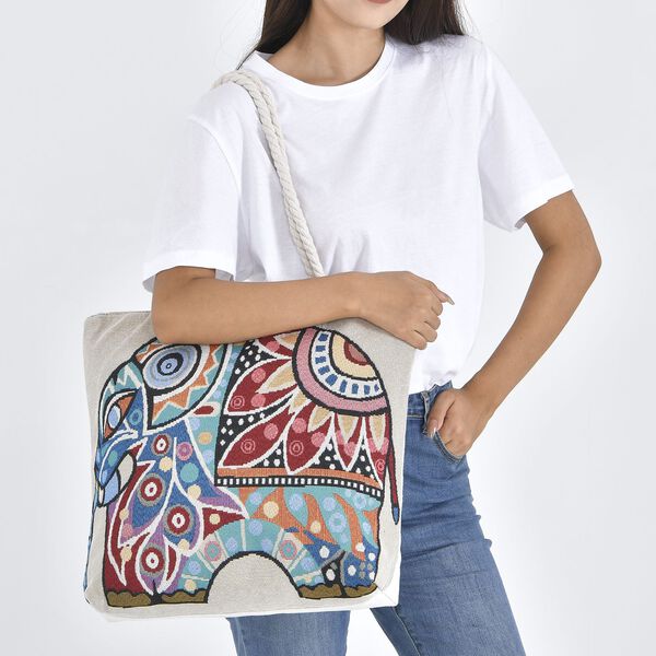 Jacquard gewebte Jute-Tasche mit Mond Design, 42x34 cm, Elefant image number 3