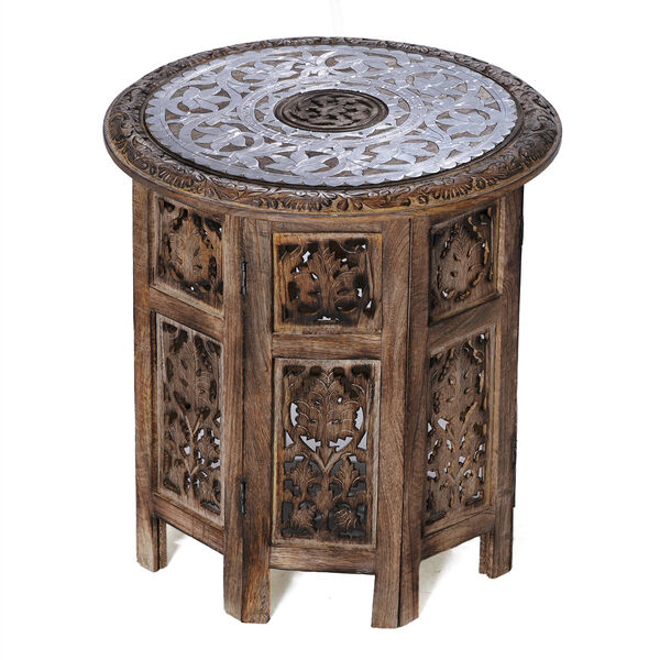 NAKKASHI - Handgefertigter Couchtisch aus Mangoholz mit Metallpr&auml;gung, Burn-Finish und kunstvoller Schnitzerei, ca. 45x45x45cm, Natur image number 8