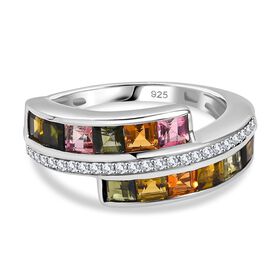 Mosaik der Natur-Mehrfarbig-Turmalin, Weißer Zirkon Ring 925 Silber rhodiniert (Größe 16.00) ca. 2,11 ct