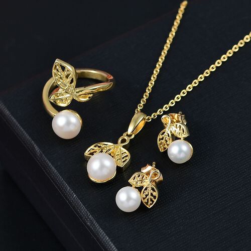 3er Set - Süßwasser Perle (6-8 mm) Anhänger, Ring und Ohrringe, (Größe 17.00), goldfarben image number 1