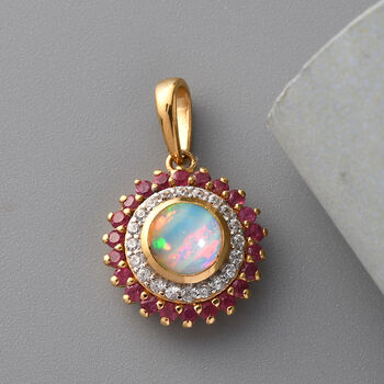 Nat&uuml;rlicher, &auml;thiopischer Opal, afrikanischer Rubin und Zirkon-Halo-Anh&auml;nger in Silber