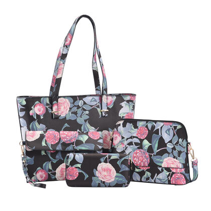 4er-Set, Crossbody-Tasche, Brieftasche, Handtasche und Clutch aus Kunstleder, Blumenmuster, Schwarz