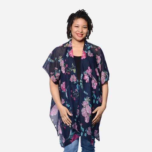 Kimono mit Blumenmuster, Einheitsgröße Dunkelblau image number 0