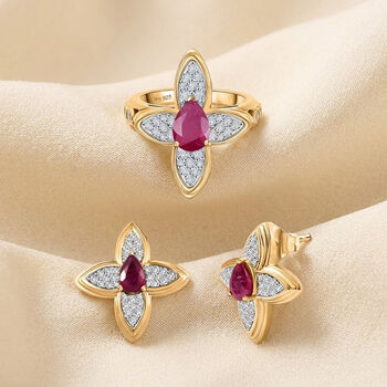 D'Joy Afrikanischer Rubin und Zirkon Ring und Ohrringe